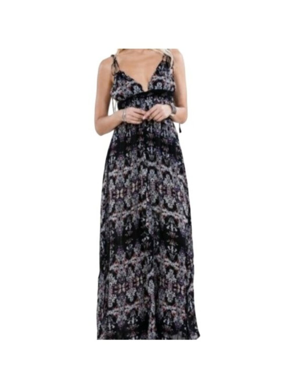 En Crème Black Floral Boho Maxi Dress With Tie Straps